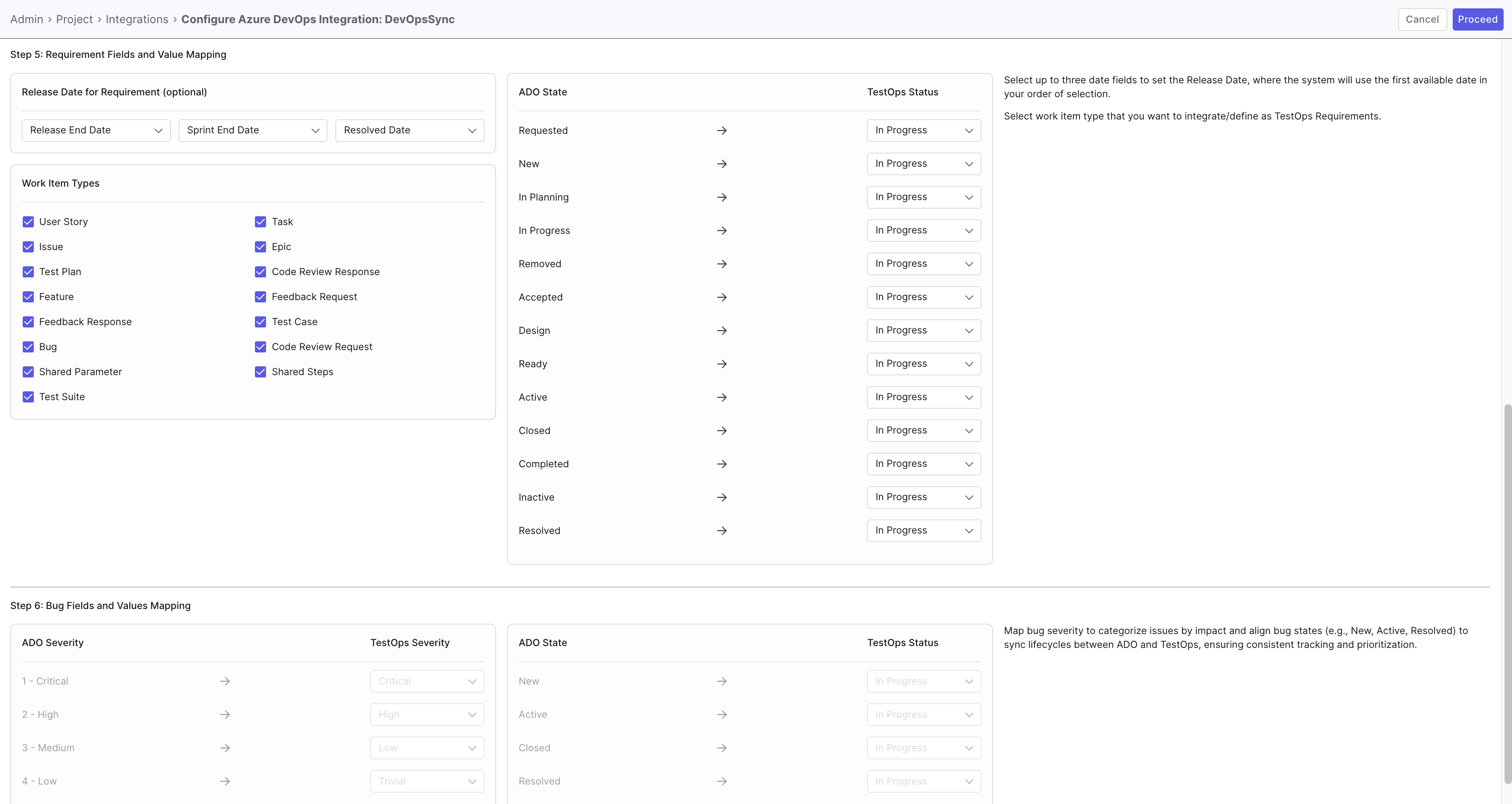 The Azure DevOps integration fields and values mapping in Katalon TestOps.